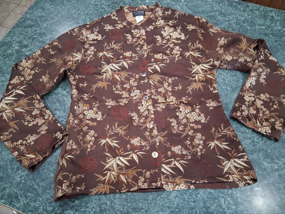 Citron Santa Monica 100% Silk Asian Art Blouse Top Sz M Mandarin Embroidered